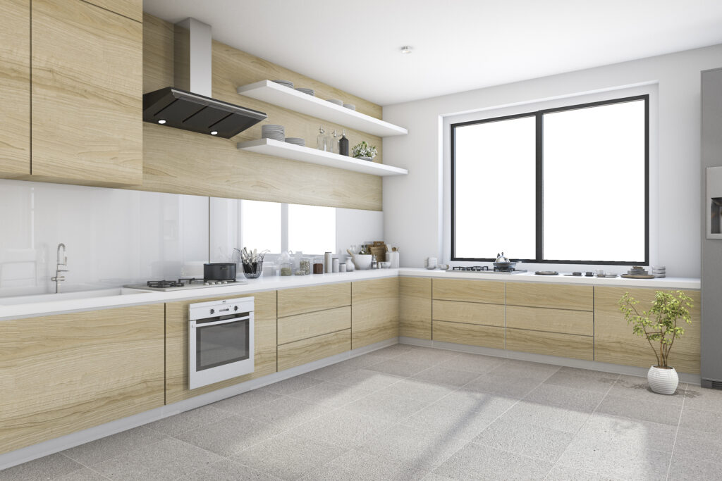 3d rendering white minimal kitchen with wood decoration built