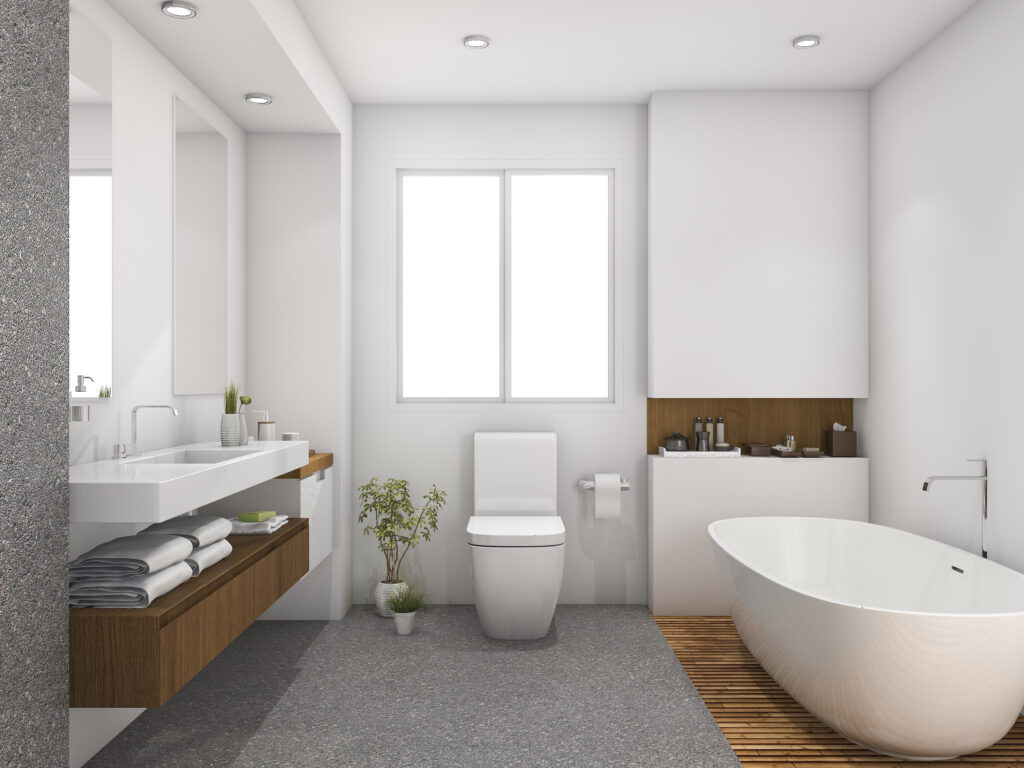 3d rendering wood tile design bathroom near window