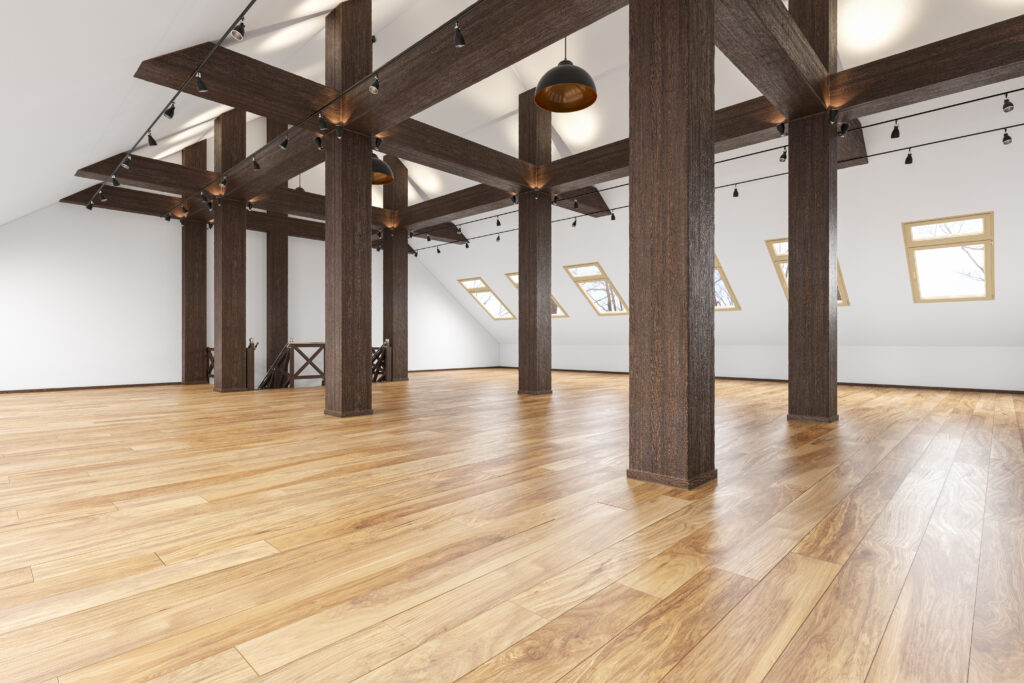 attic loft open space empty interior with beams windows stairway wooden floor 3d render illustration mock up