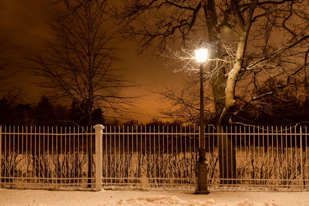 luminous street lamp bare trees fence snowy night park