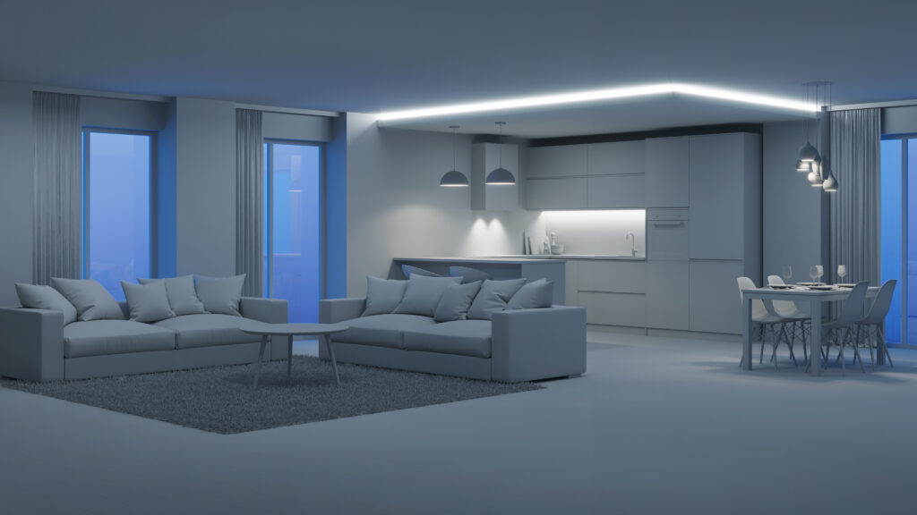 modern house interior evening lighting night 3d rendering