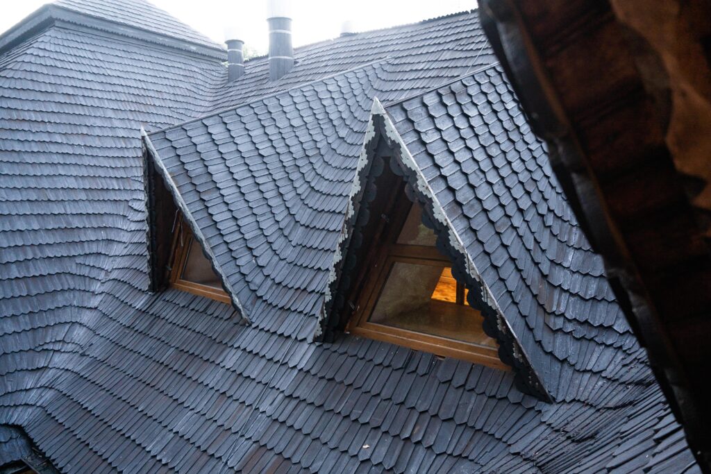 shingles roof wooden roof shingled roof wooden tile roof complex construction with dormer windows