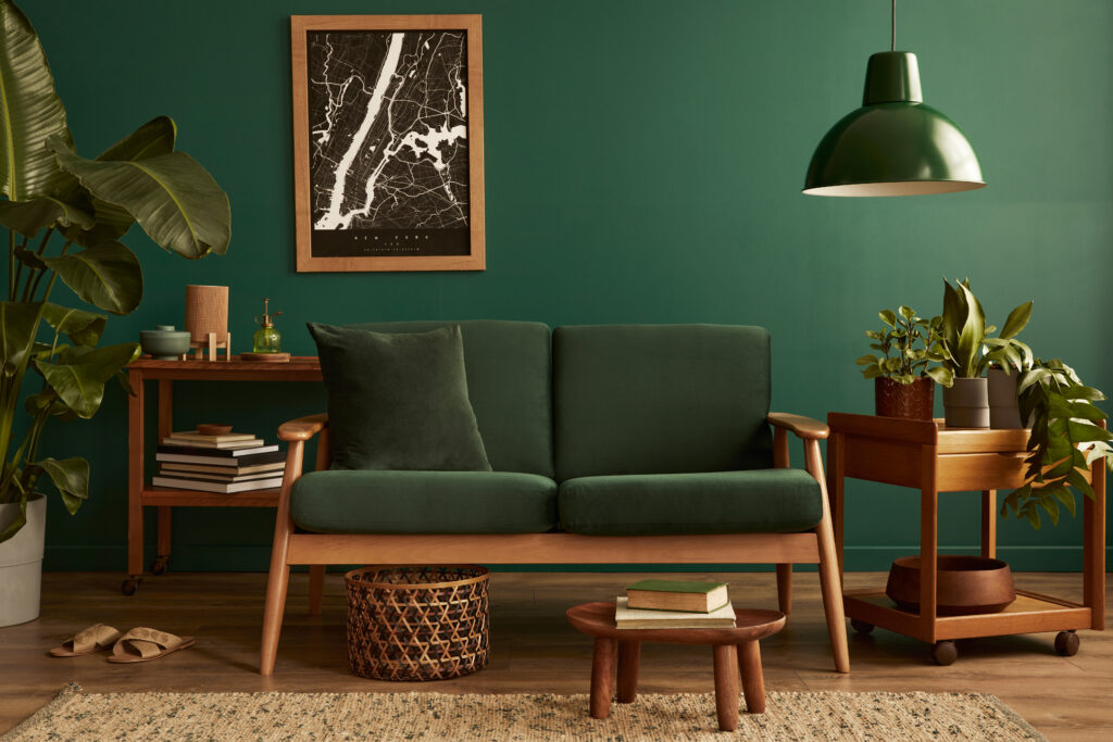 stylish elegant living room interior with design green sofa mock up poster frame template