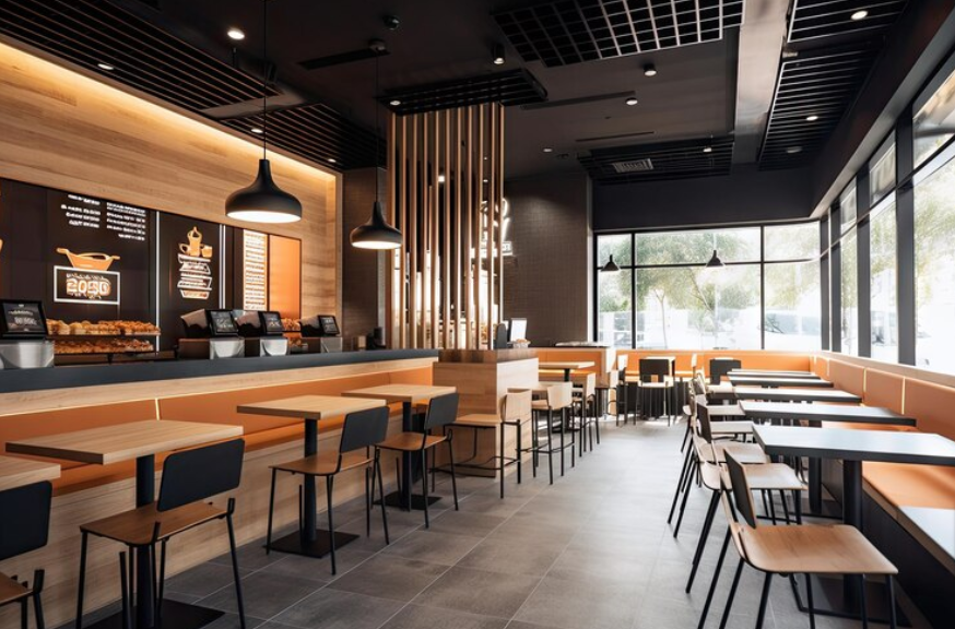 Premium AI Image Fast food restaurant with modern minimalist interior and sleek furniture