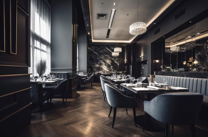 Premium AI Image Interior of modern luxury restaurant tables and chairs in empty room generative AI